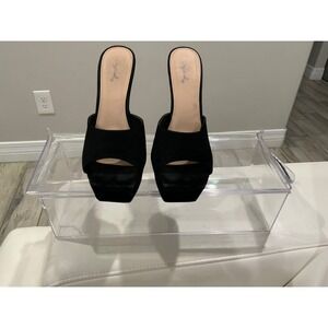 Qupid Black Suede Square Toe Platform Block Heel Mules Sandals Women Size